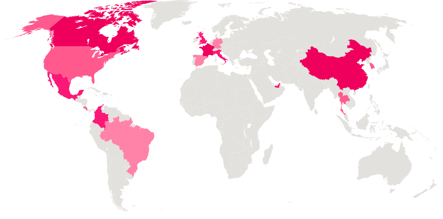 A global map with select countries in North America, South America, Europe and Asia